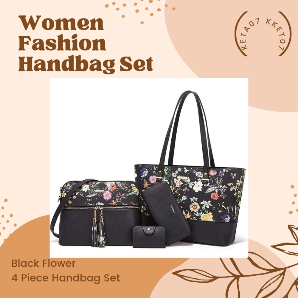 Women Fashion Handbag Set Black Floral